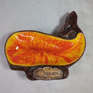Sea World Whale Trinket Dish Ashtray Orange Treasure Craft VTG USA Tiki Tray